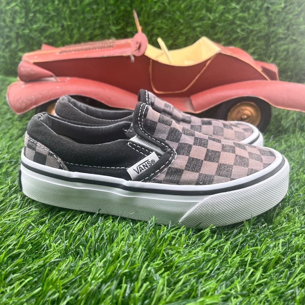 Vans Checkerboard Slip-On Kids Sneakers Black Brown Classic Cool Style 10.5